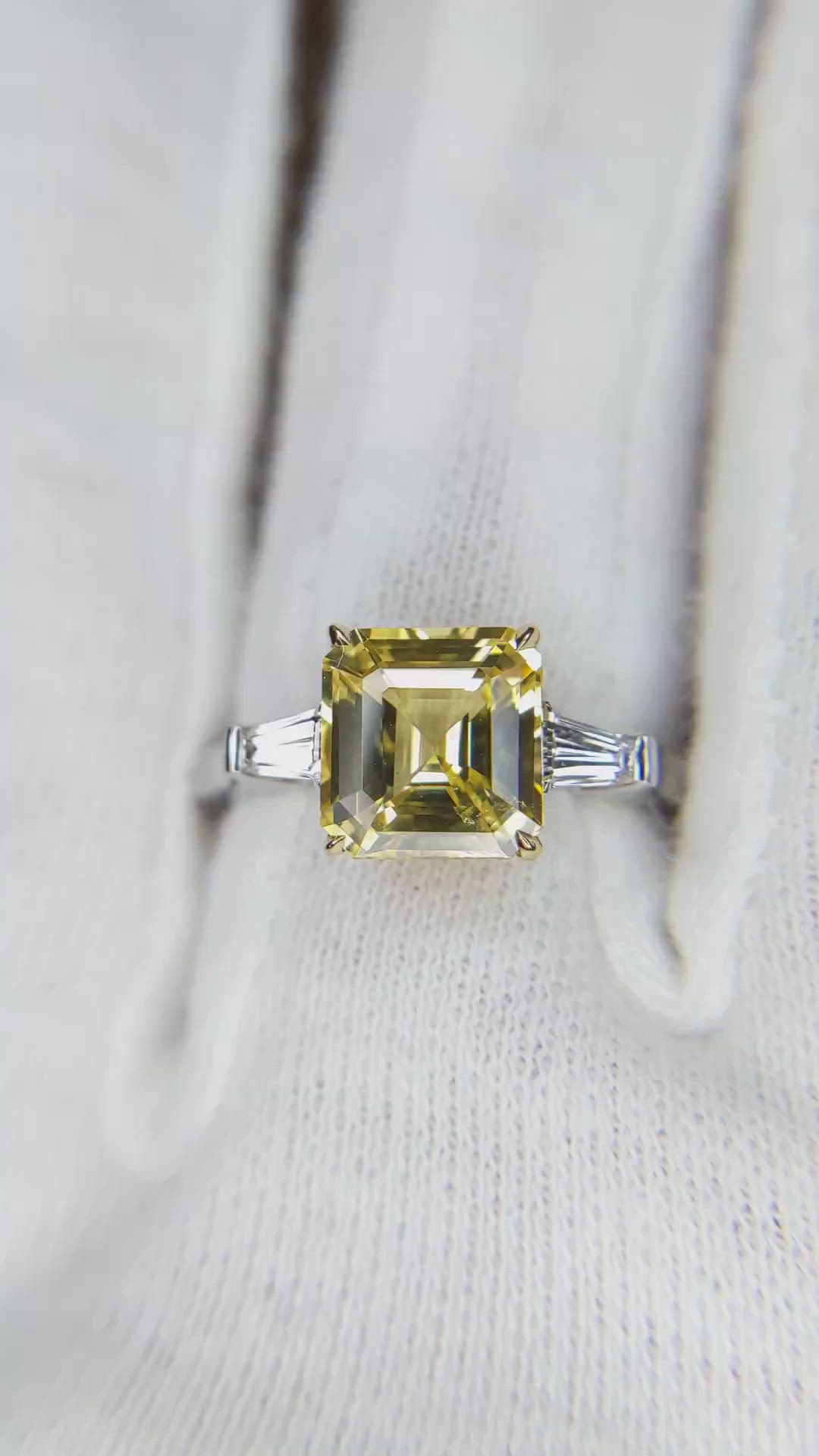 2.52 Ct. Yellow Sapphire and Natural Diamond Three Stone Ring, Platinum & 18K Yellow Size Video