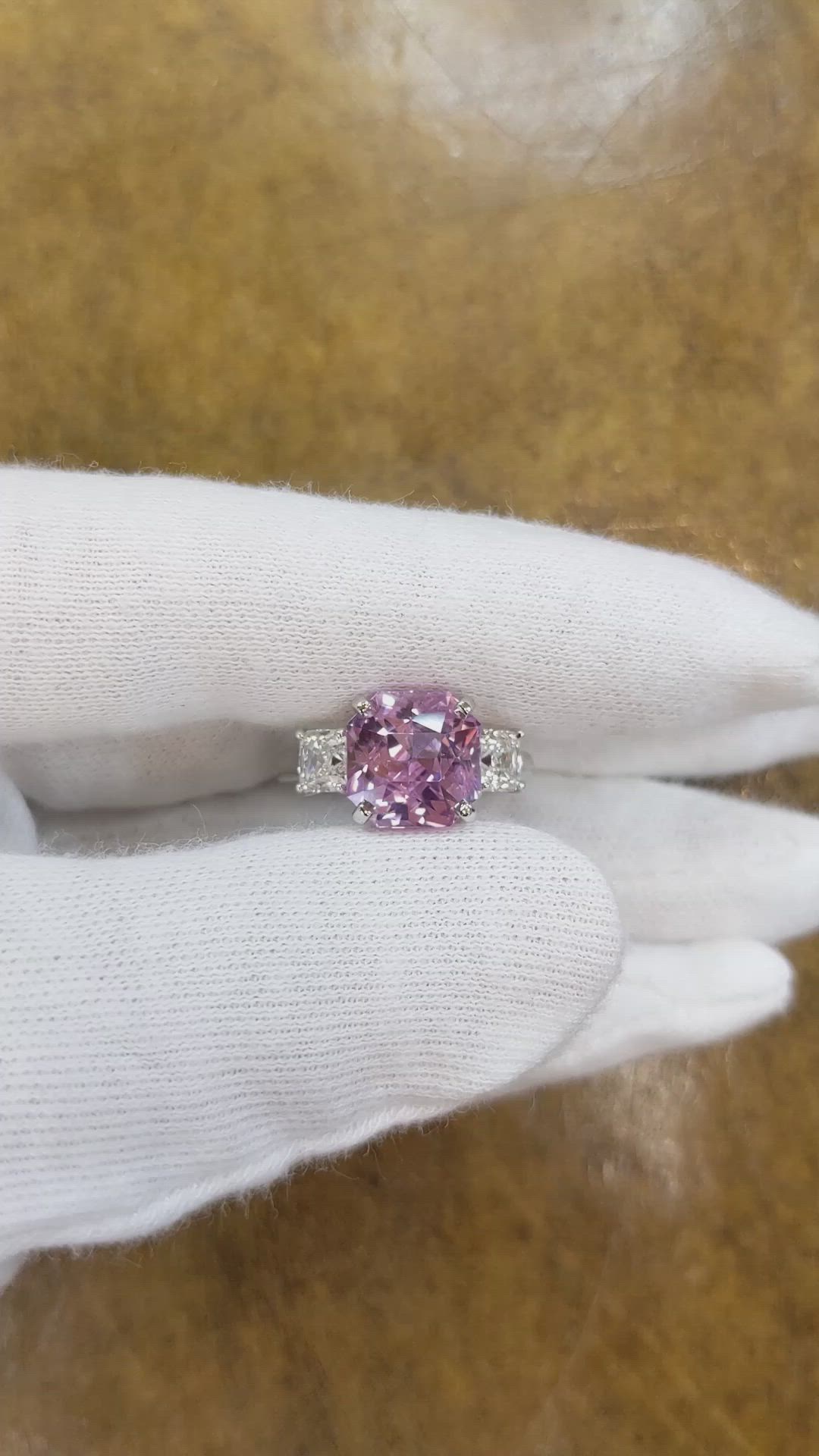 5.96 Ct. Pink Sapphire and Natural Diamond Three Stone Ring, Platinum 950 Size Video