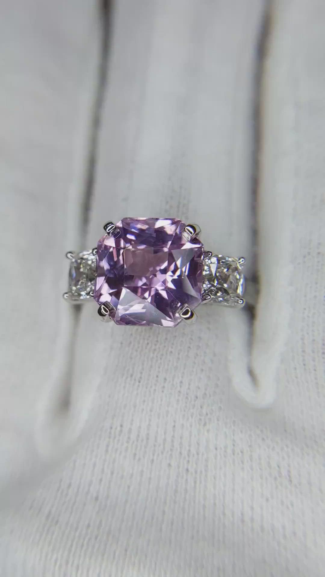 5.96 Ct. Pink Sapphire and Natural Diamond Three Stone Ring, Platinum 950 Size Video