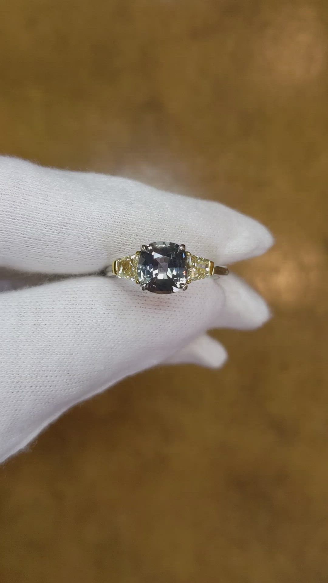 2.44 Ct. Green Sapphire and Yellow Natural Diamond Three Stone Ring, Platinum & 18K Yellow Size Video