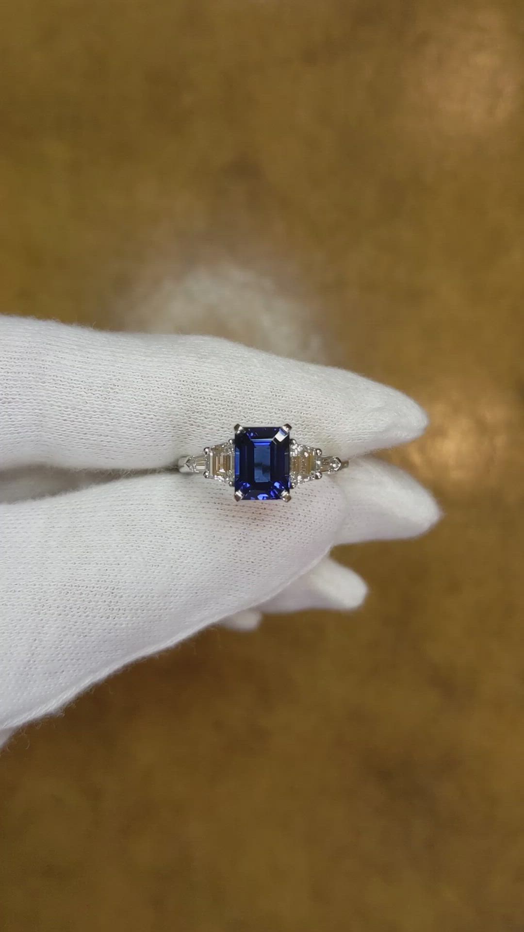 2.25 Ct. Blue Sapphire and Natural Diamond Three Stone Ring, Platinum 950 Size Video
