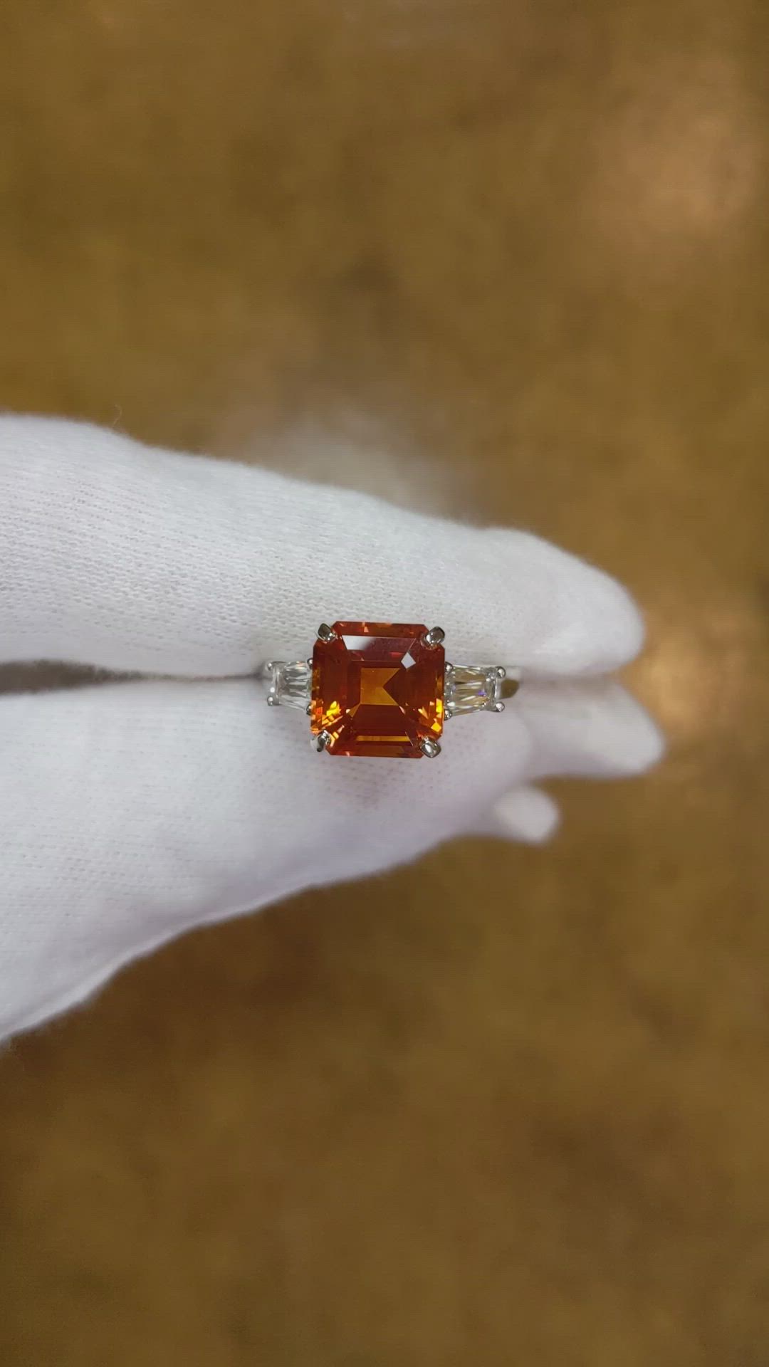 6.01 Ct. Orange Sapphire and Natural Diamond Three Stone Ring, Platinum 950 Size Video