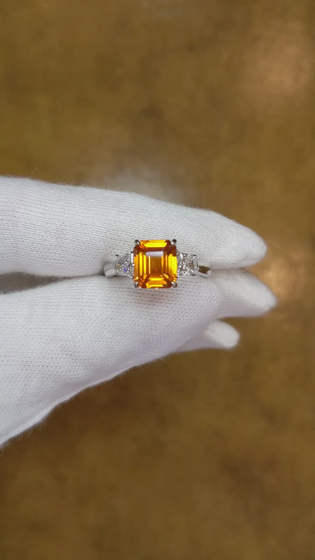 3.23 Ct. Orange Sapphire and Natural Diamond Three Stone Ring, Platinum 950 Size Video