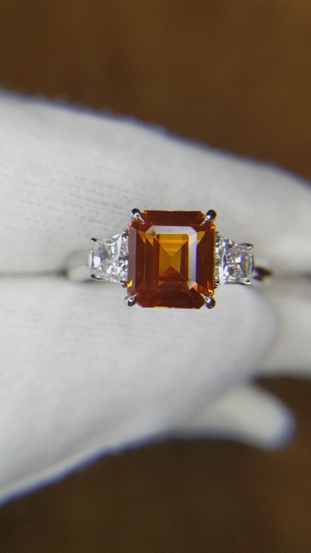 3.23 Ct. Orange Sapphire and Natural Diamond Three Stone Ring, Platinum 950 Size Video