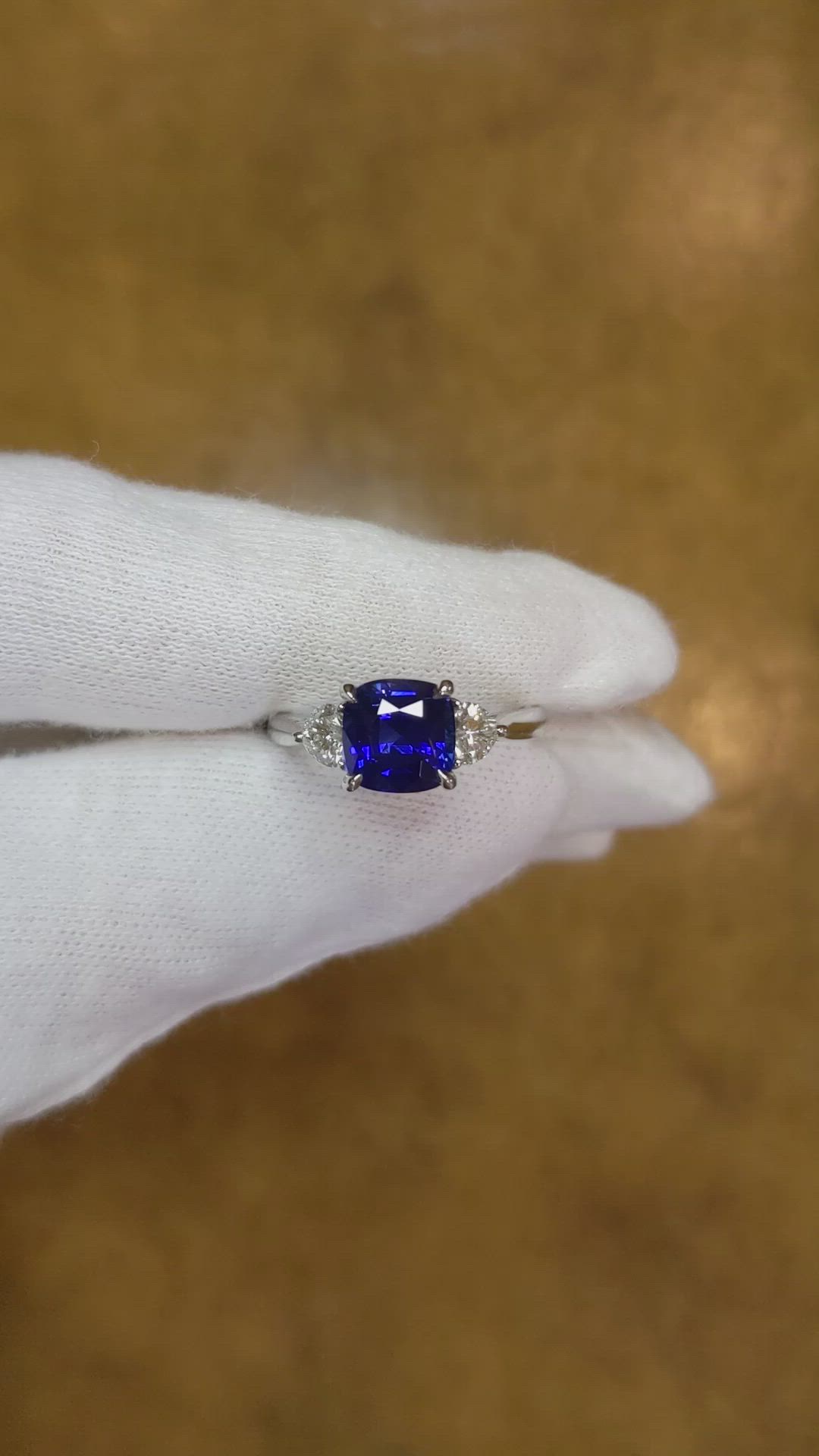 2.61 Ct. Blue Sapphire and Natural Diamond Three Stone Ring, Platinum 950 Size Video