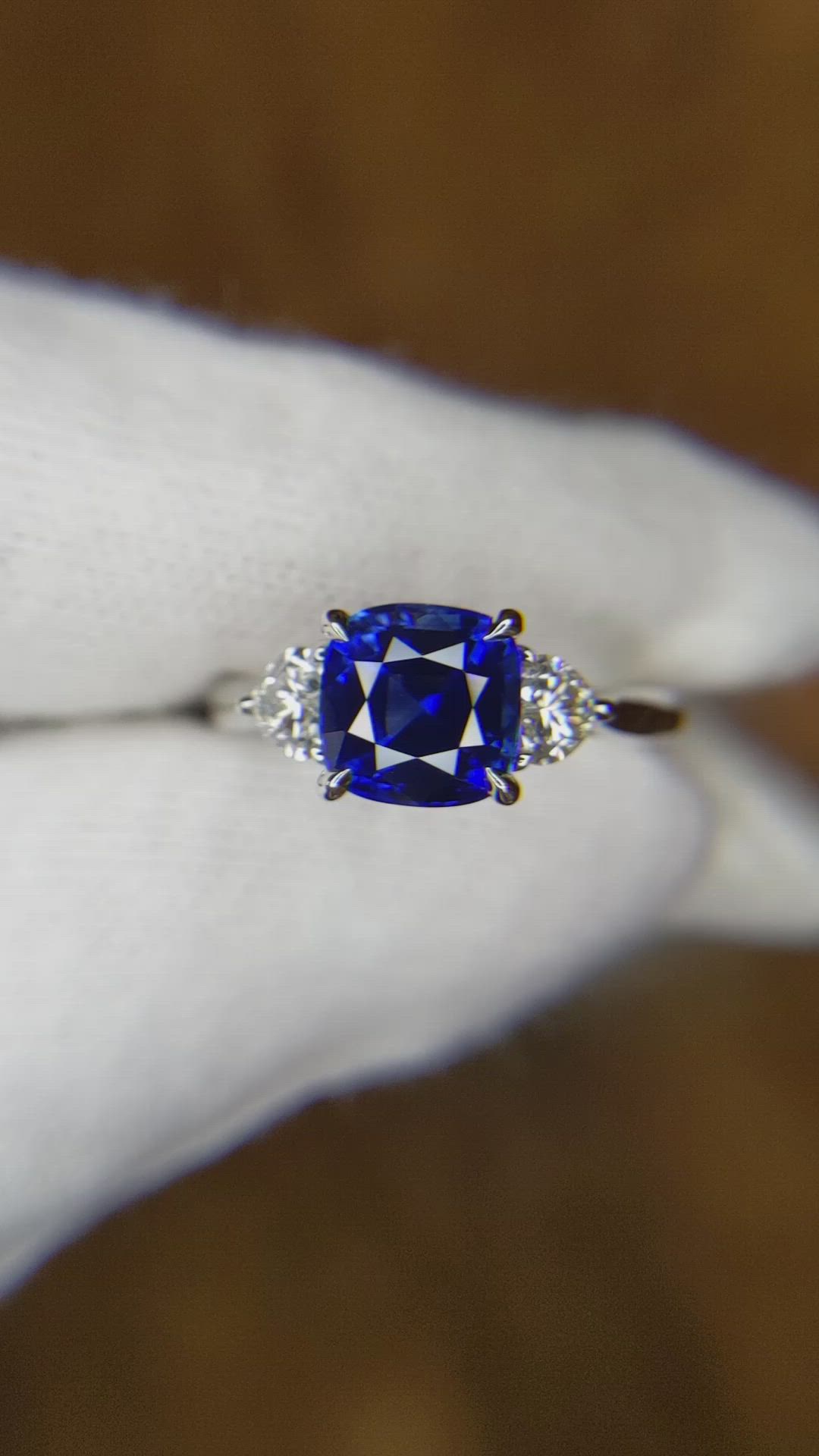 2.61 Ct. Blue Sapphire and Natural Diamond Three Stone Ring, Platinum 950 Size Video