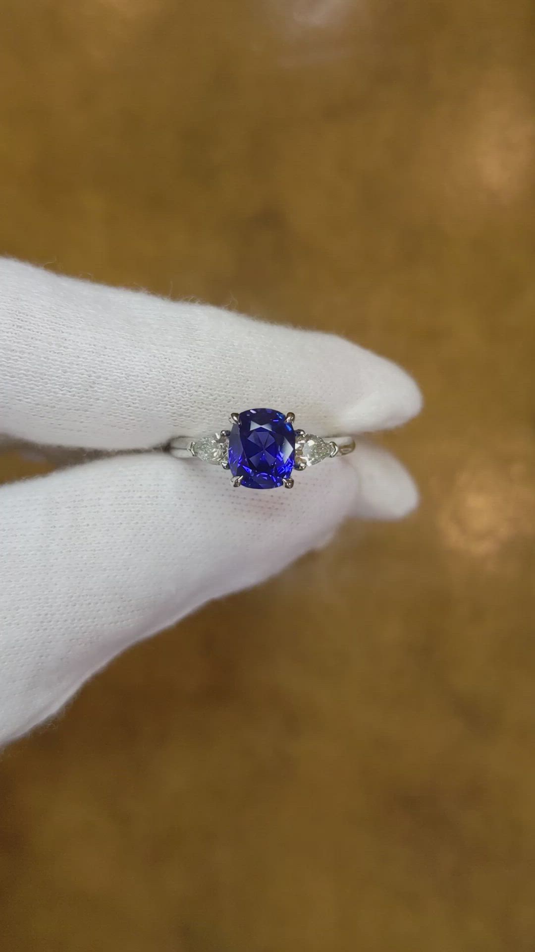 2.11 Ct. Blue Sapphire and Natural Diamond Three Stone Ring, Platinum 950 Size Video