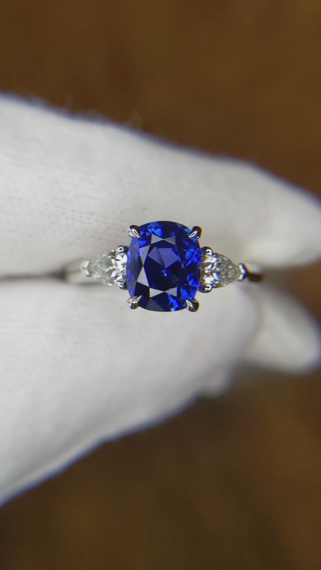 2.11 Ct. Blue Sapphire and Natural Diamond Three Stone Ring, Platinum 950 Size Video