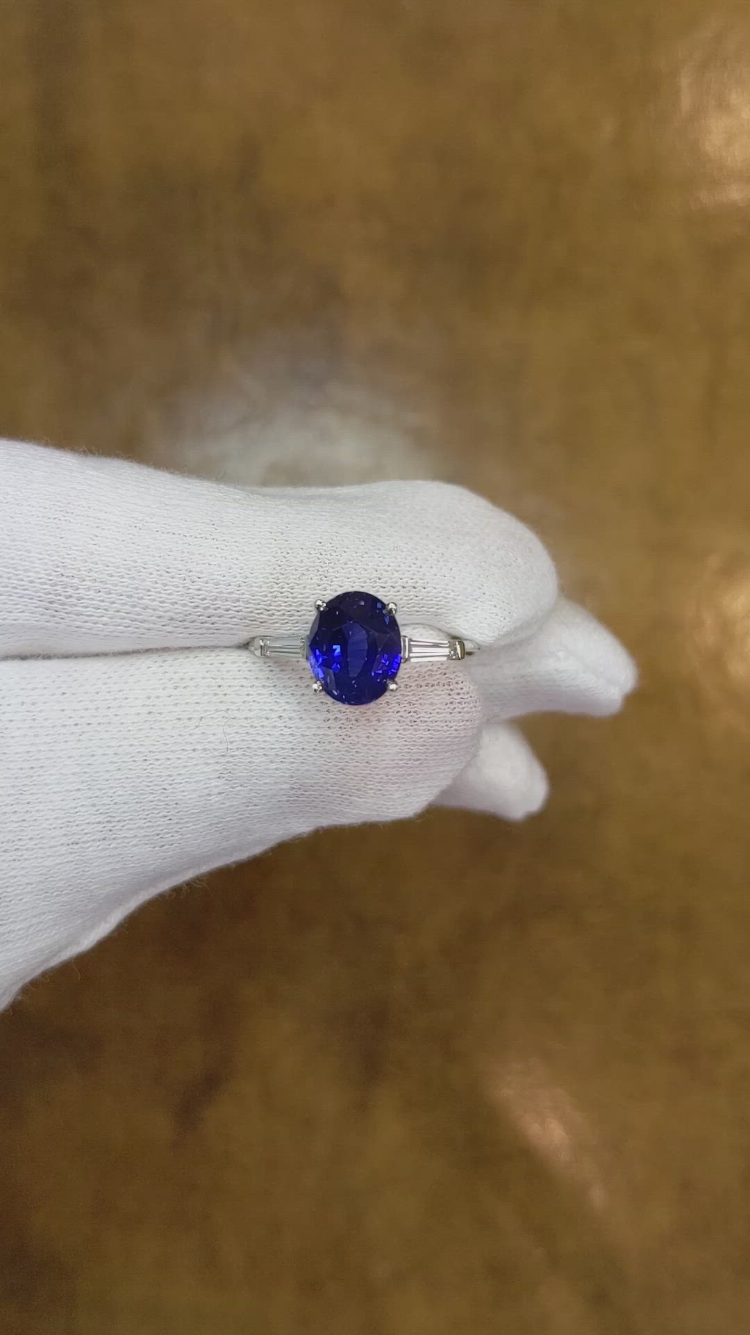 3.51 Ct. Blue Sapphire and Natural Diamond Three Stone Ring, Platinum 950 Size Video
