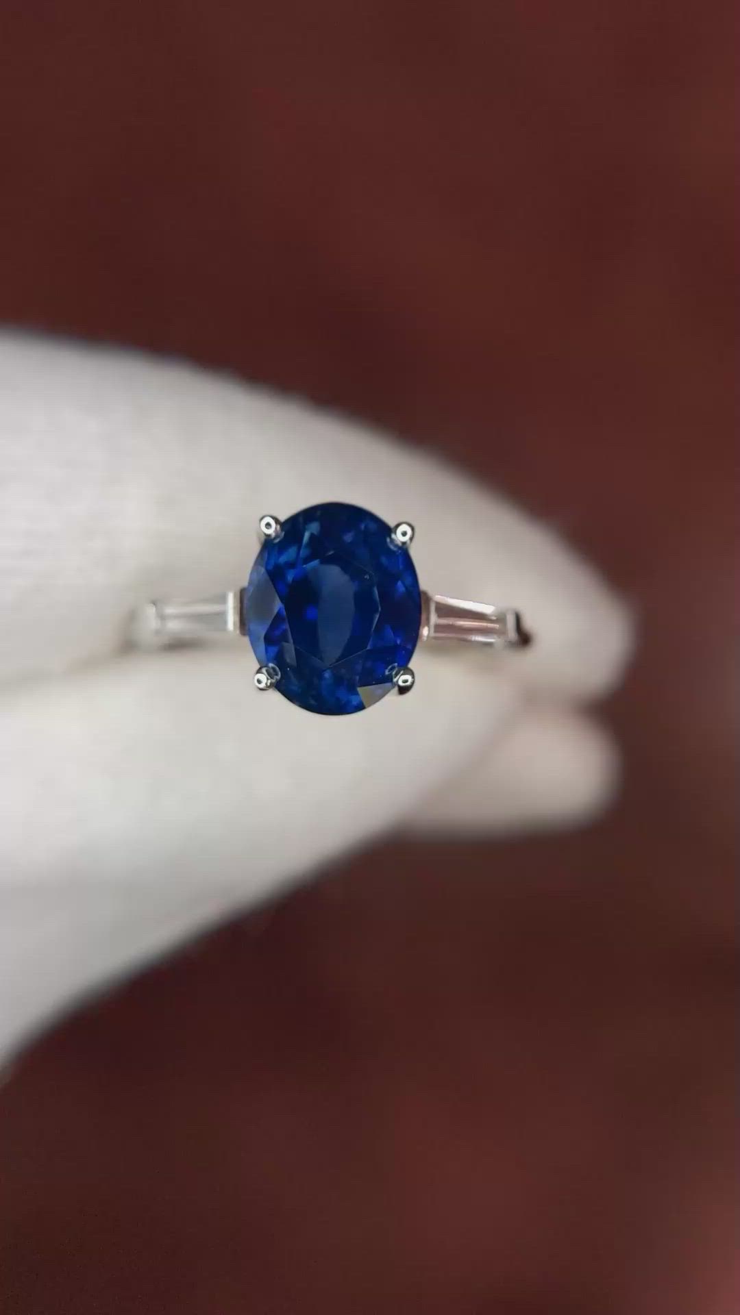 3.51 Ct. Blue Sapphire and Natural Diamond Three Stone Ring, Platinum 950 Size Video