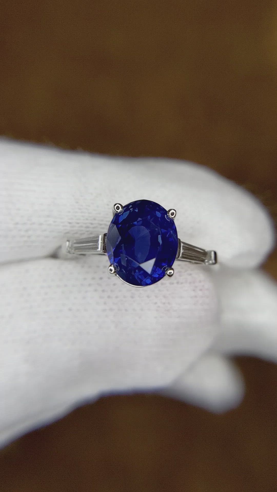 3.51 Ct. Blue Sapphire and Natural Diamond Three Stone Ring, Platinum 950 Size Video