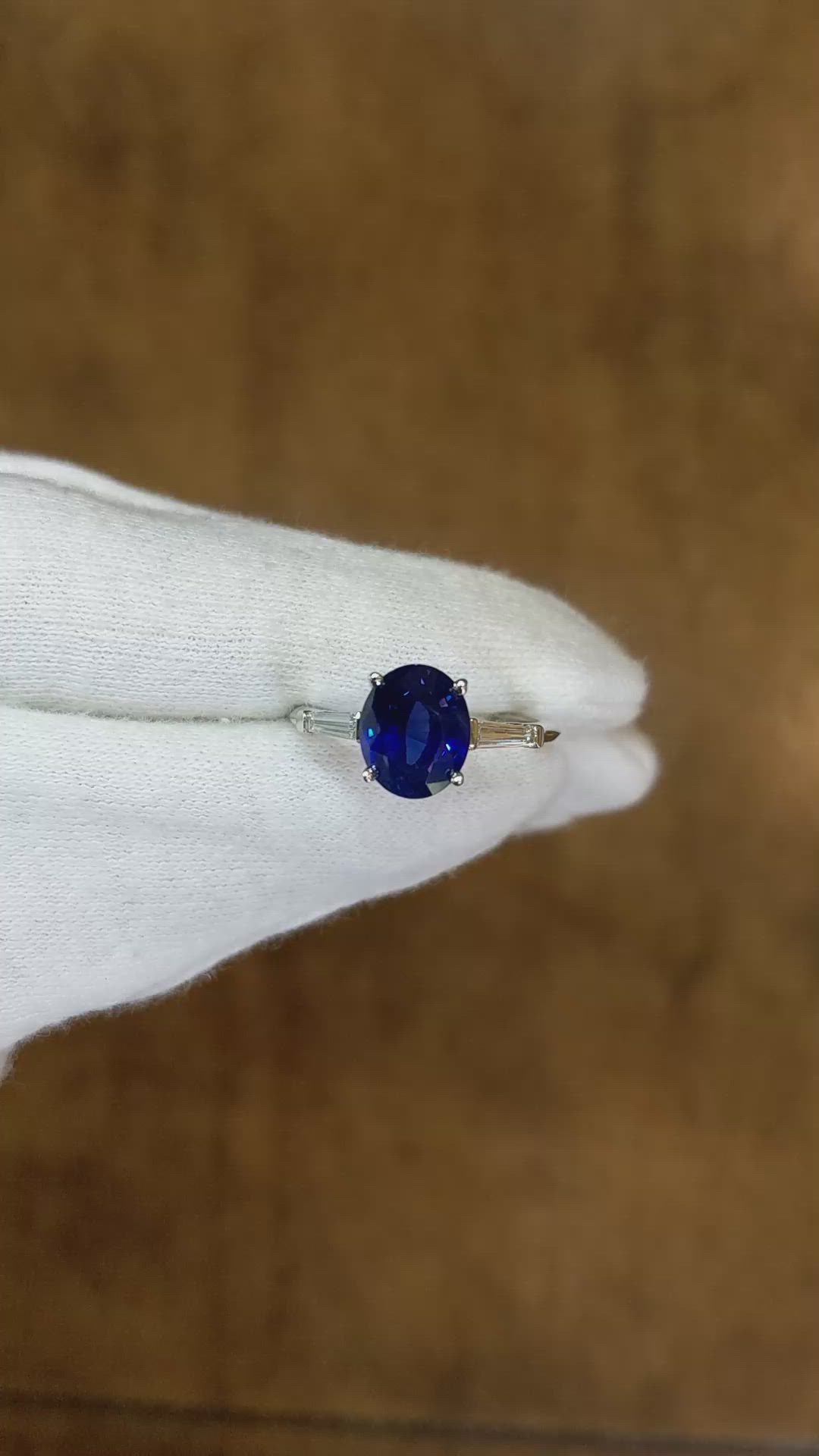 3.51 Ct. Blue Sapphire and Natural Diamond Three Stone Ring, Platinum 950 Size Video