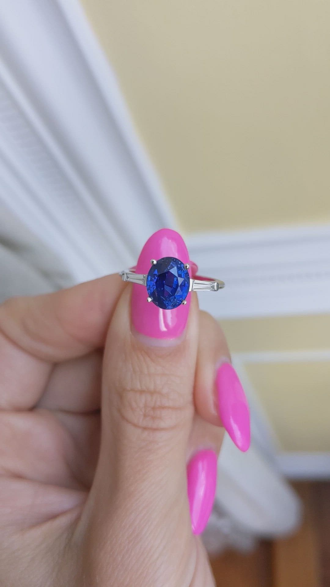 3.51 Ct. Blue Sapphire and Natural Diamond Three Stone Ring, Platinum 950 Size Video