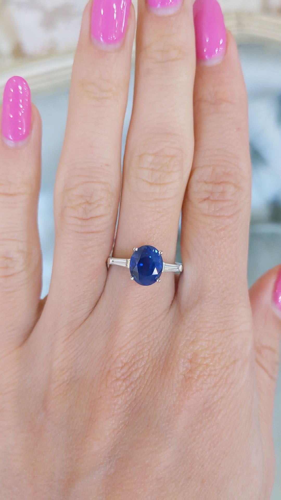 3.51 Ct. Blue Sapphire and Natural Diamond Three Stone Ring, Platinum 950 Size Video