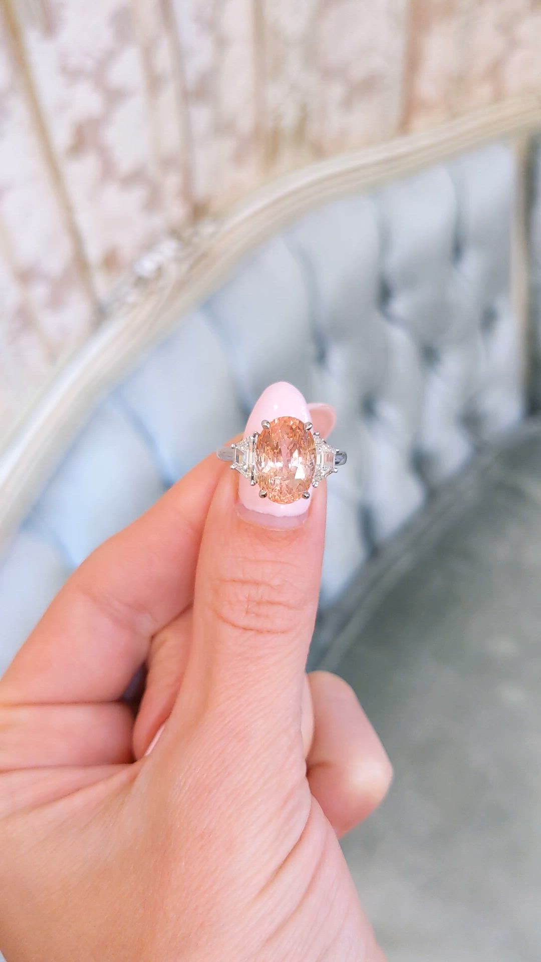 6.08 Ct. Padparadscha Sapphire and Natural Diamond Three Stone Ring, Platinum 950 Size Video