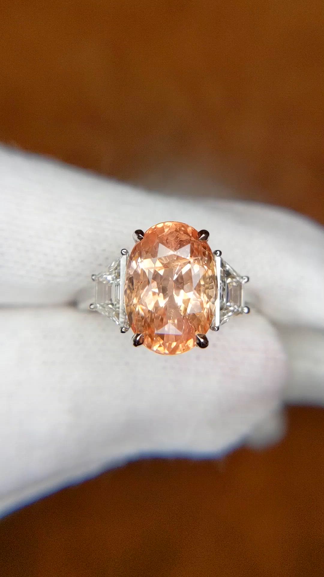 6.08 Ct. Padparadscha Sapphire and Natural Diamond Three Stone Ring, Platinum 950 Size Video