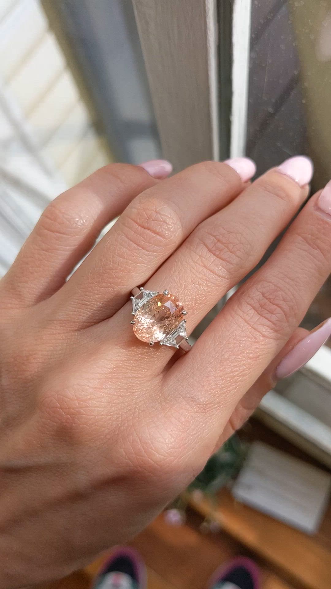 6.08 Ct. Padparadscha Sapphire and Natural Diamond Three Stone Ring, Platinum 950 Size Video