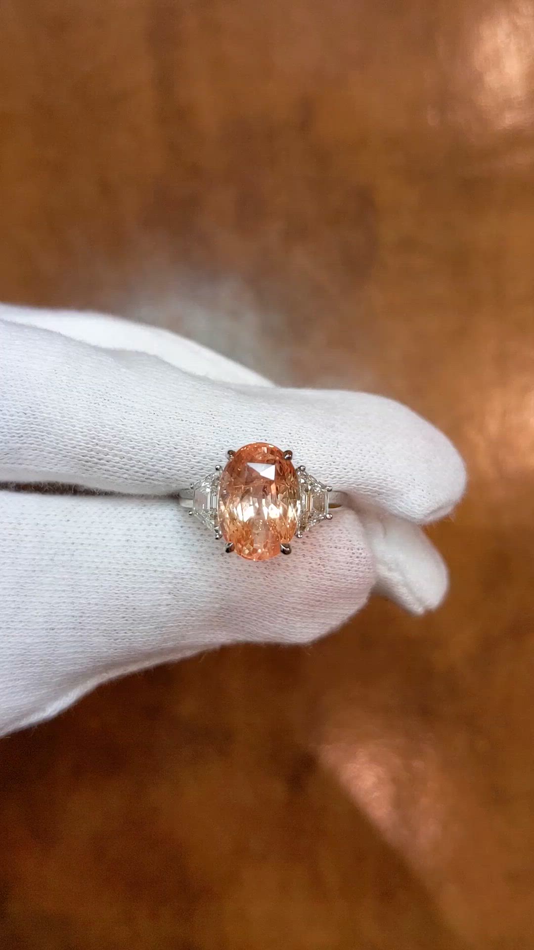 6.08 Ct. Padparadscha Sapphire and Natural Diamond Three Stone Ring, Platinum 950 Size Video