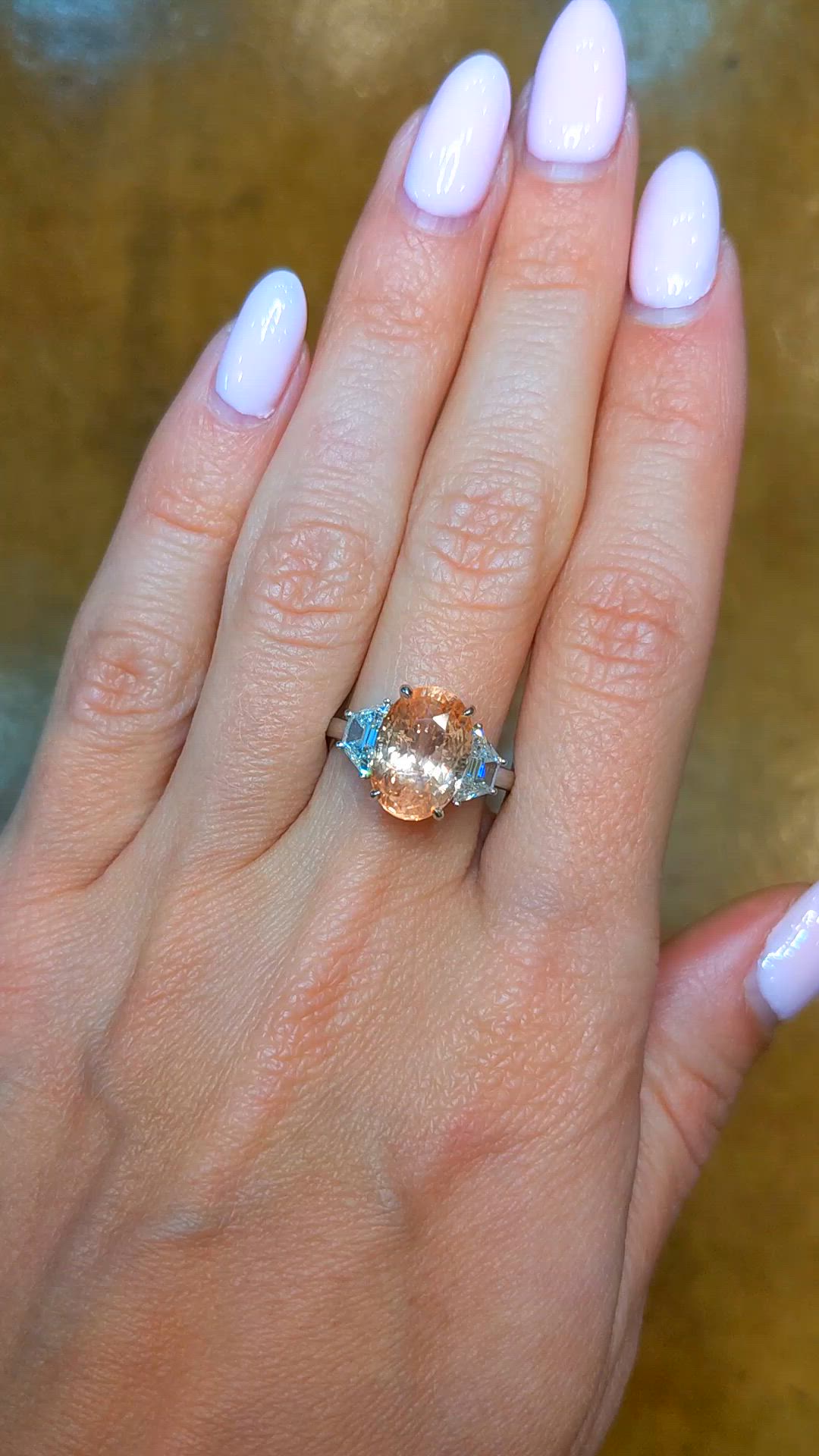 6.08 Ct. Padparadscha Sapphire and Natural Diamond Three Stone Ring, Platinum 950 Size Video