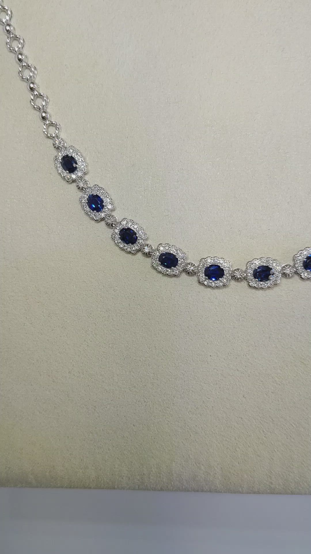 5.32 Ct. Blue Sapphire and Natural Diamond Necklace, 18K White Gold Size Video