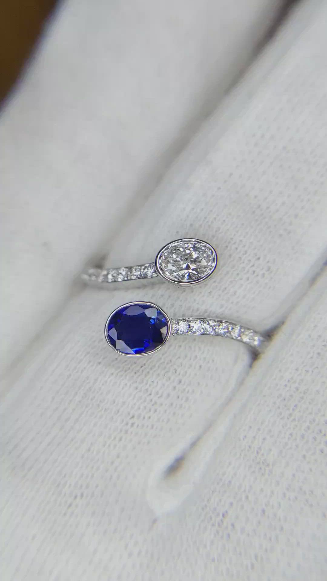 0.48 Ct. Blue Sapphire and Natural Diamond Pave Ring, 18K White Gold Size Video