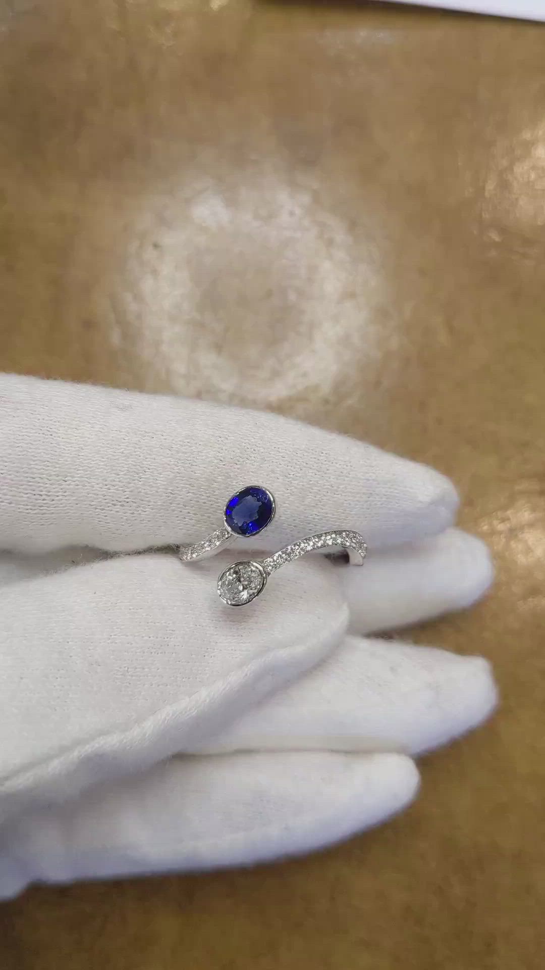 0.48 Ct. Blue Sapphire and Natural Diamond Pave Ring, 18K White Gold Size Video