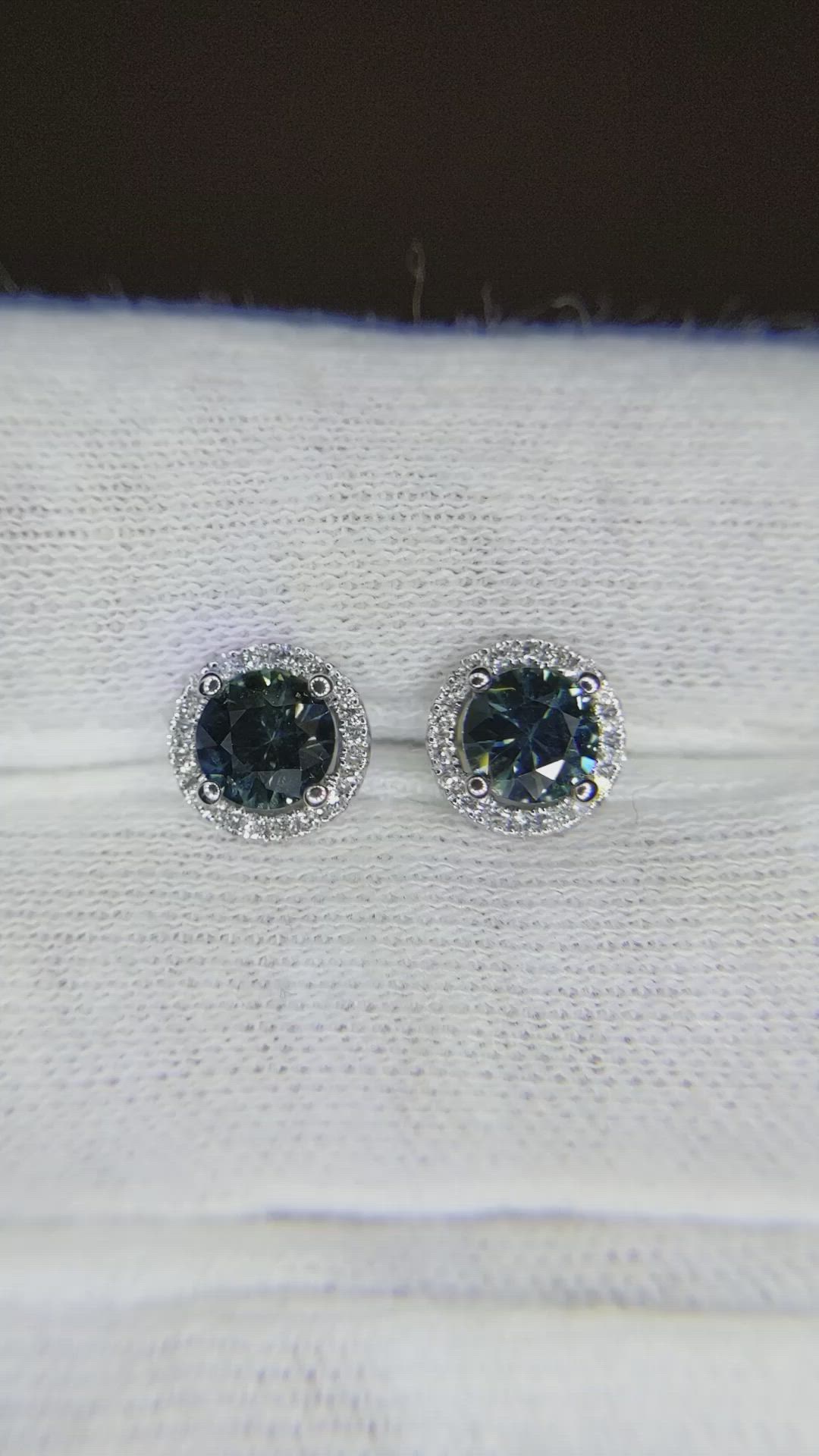 1.00&nbsp;Ct.Tw.Total Carat Weight Greenish Blue Sapphire and Natural Diamond Pave Earrings, 18K White Gold Size Video