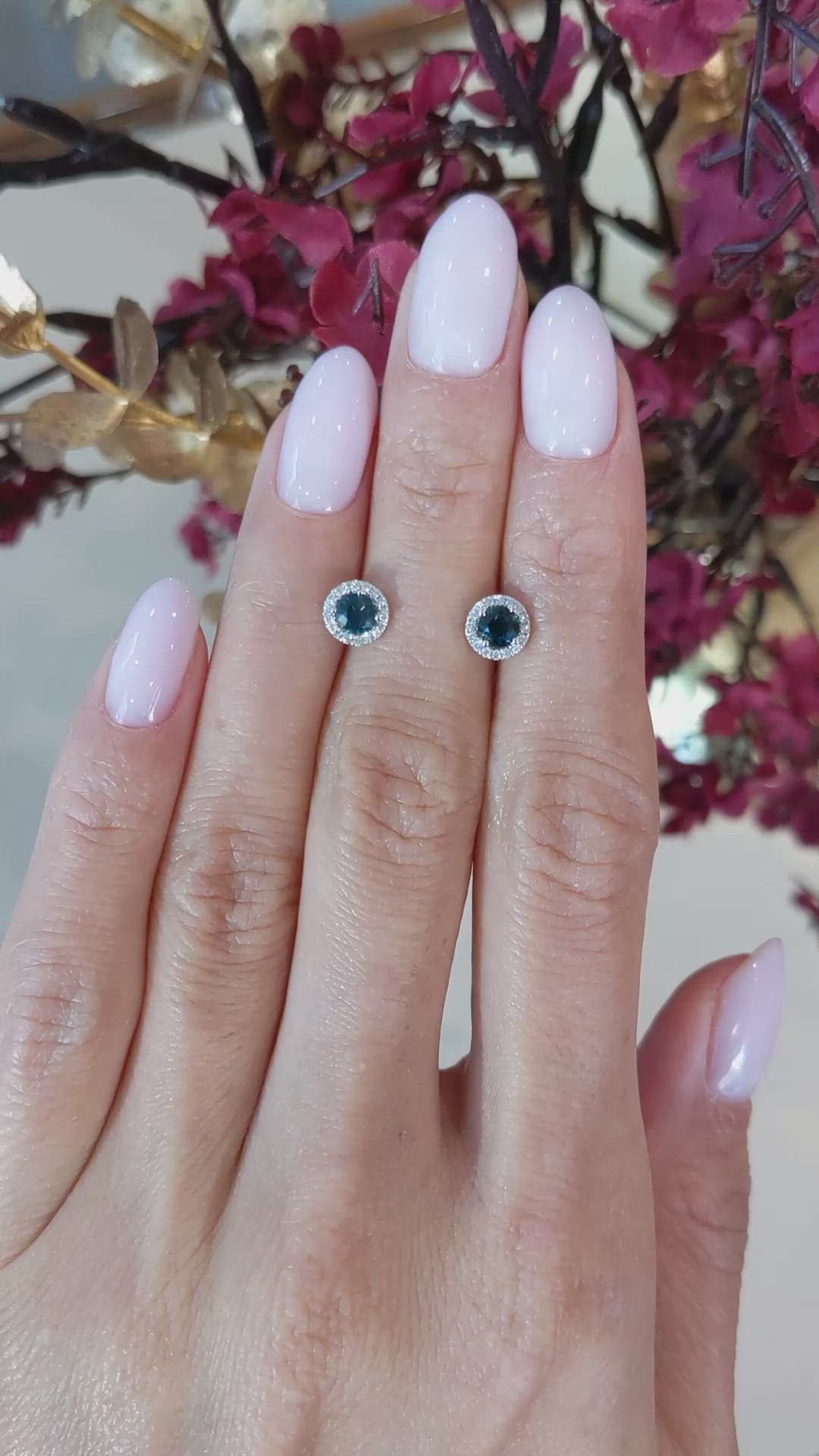 0.55 Ct.Tw.Total Carat Weight Bluish Green Sapphire and Natural Diamond Pave Earrings, 18K White Gold Size Video