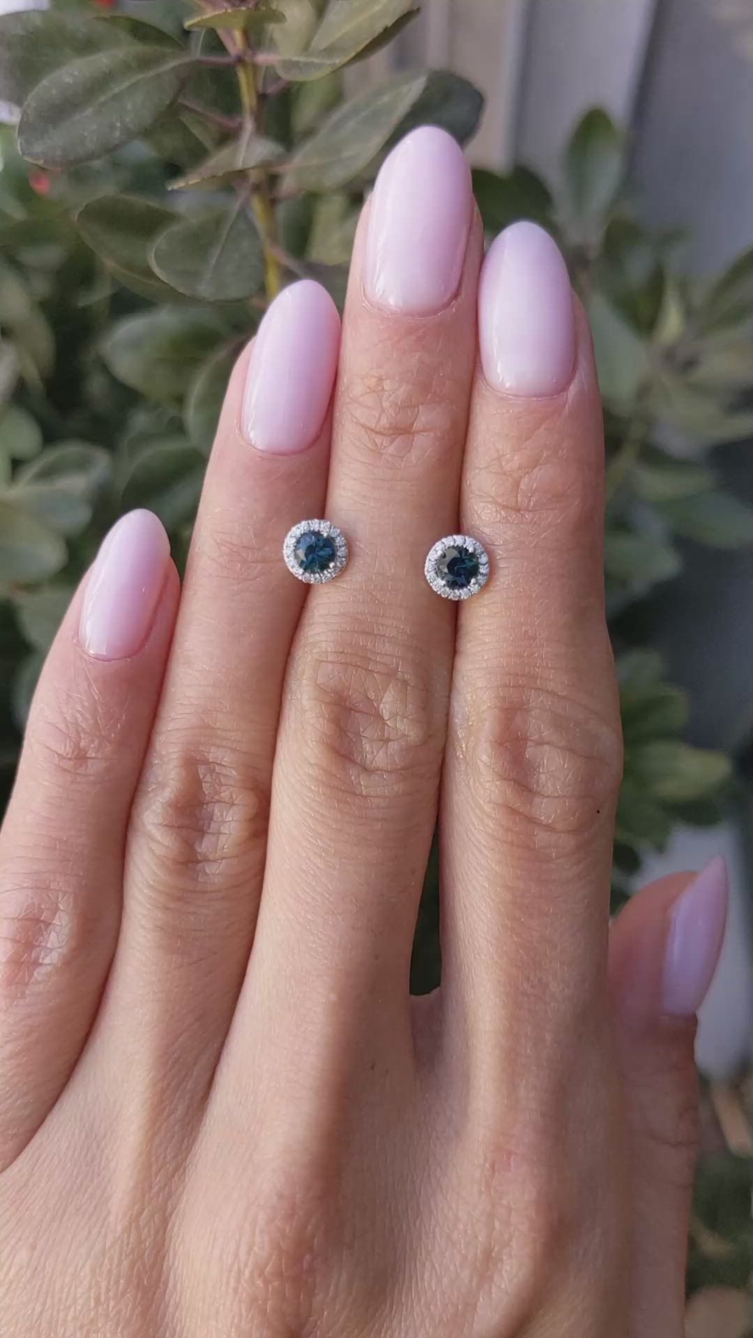 0.55 Ct.Tw.Total Carat Weight Bluish Green Sapphire and Natural Diamond Pave Earrings, 18K White Gold Size Video