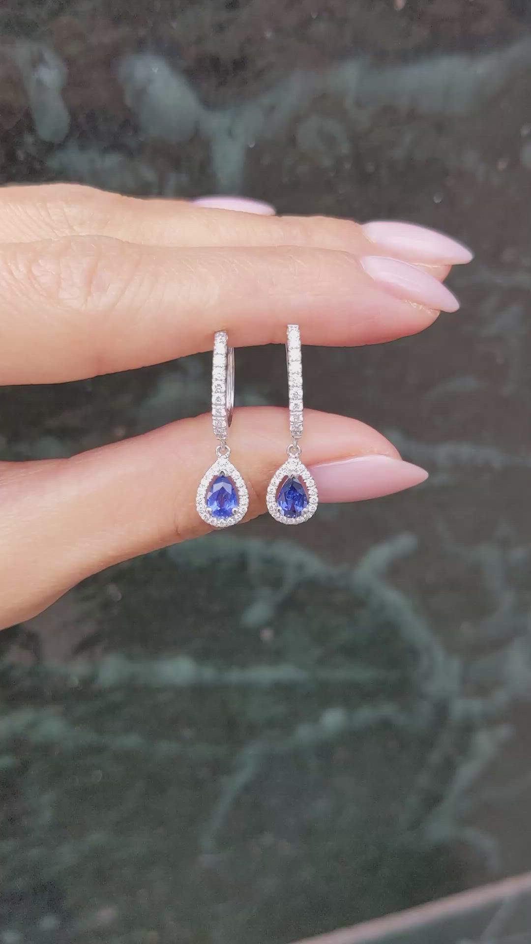 1.00 Ct.Tw.Total Carat Weight Blue Sapphire and Natural Diamond Pave Earrings, 14K White Gold Size Video