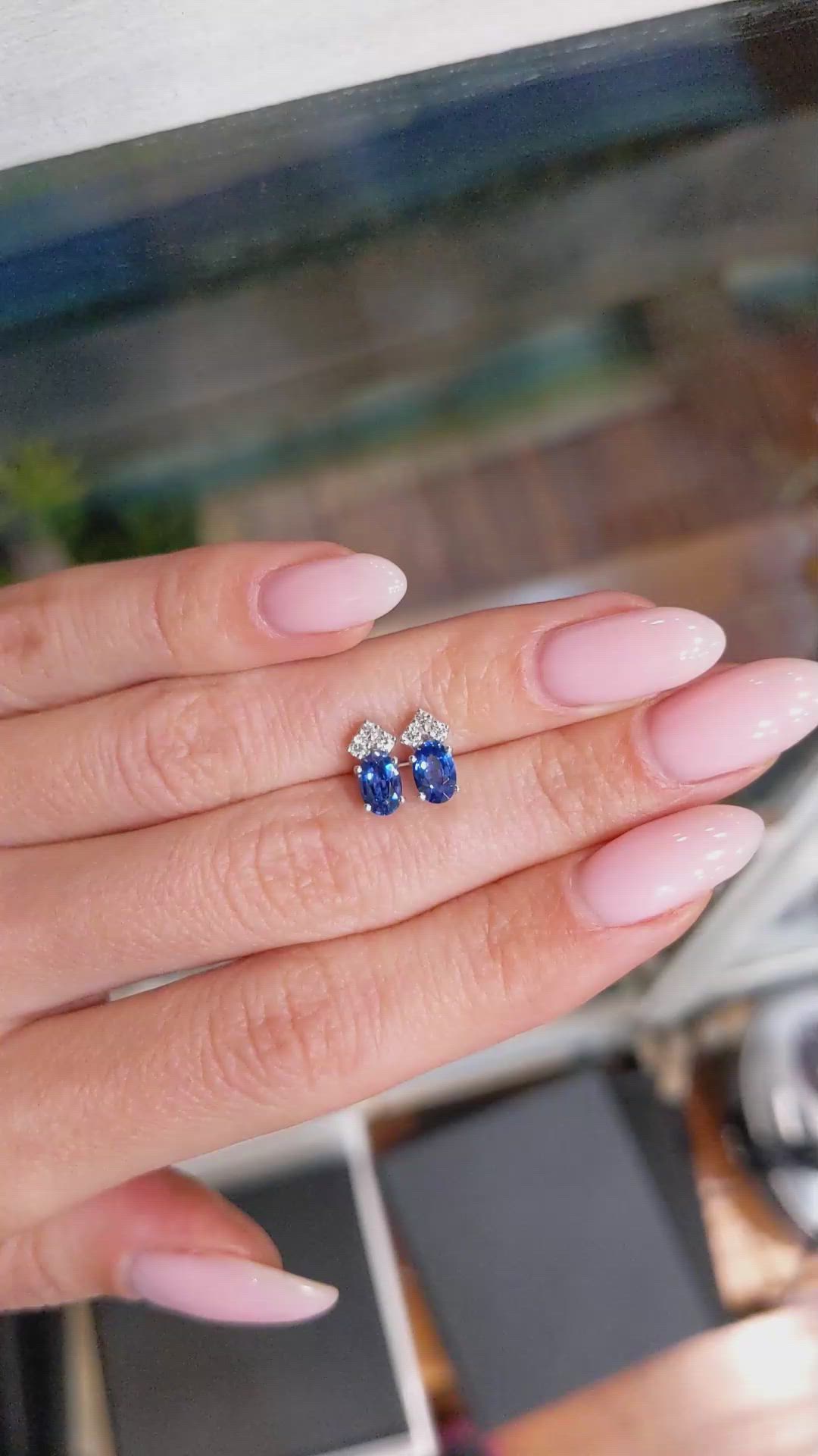 1.00 Ct.Tw. Blue Sapphire and Natural Diamond Accent Stones Earrings, 14K White Gold Size Video