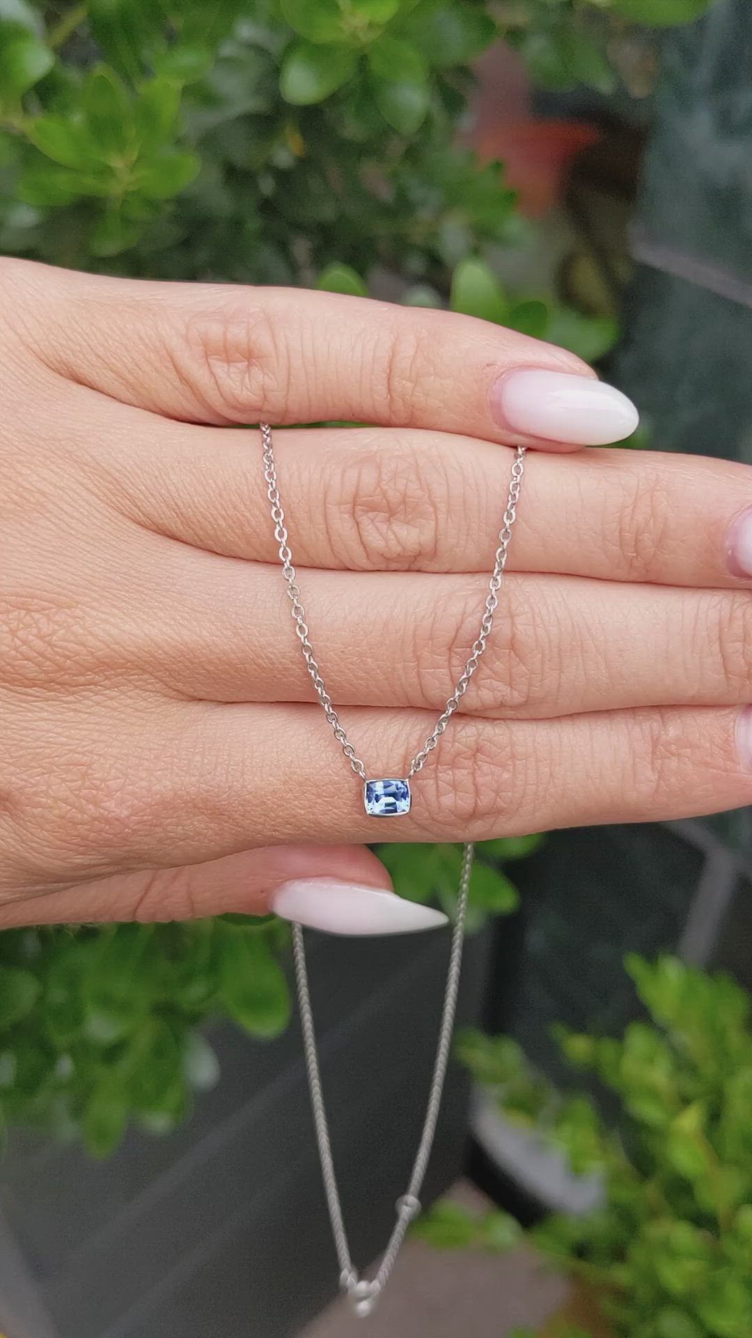 0.50 Ct. Blue Sapphire Bezel Necklace, 14K White Gold Size Video