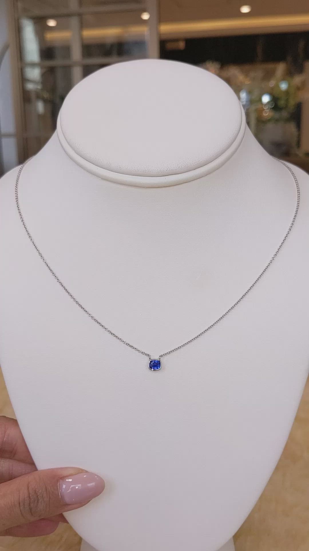 0.50 Ct. Blue Sapphire Bezel Necklace, 14K White Gold Size Video