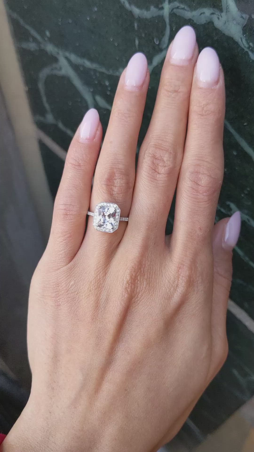 2.80 Ct. White Sapphire and Natural Diamond Pave Ring, 14K White Gold Size Video