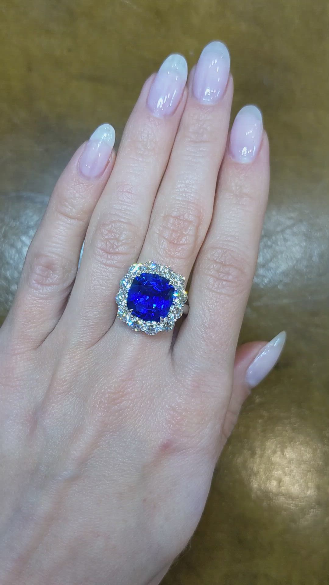 7.49 Ct. Blue Sapphire and Natural Diamond Halo Ring, Platinum 950 Size Video