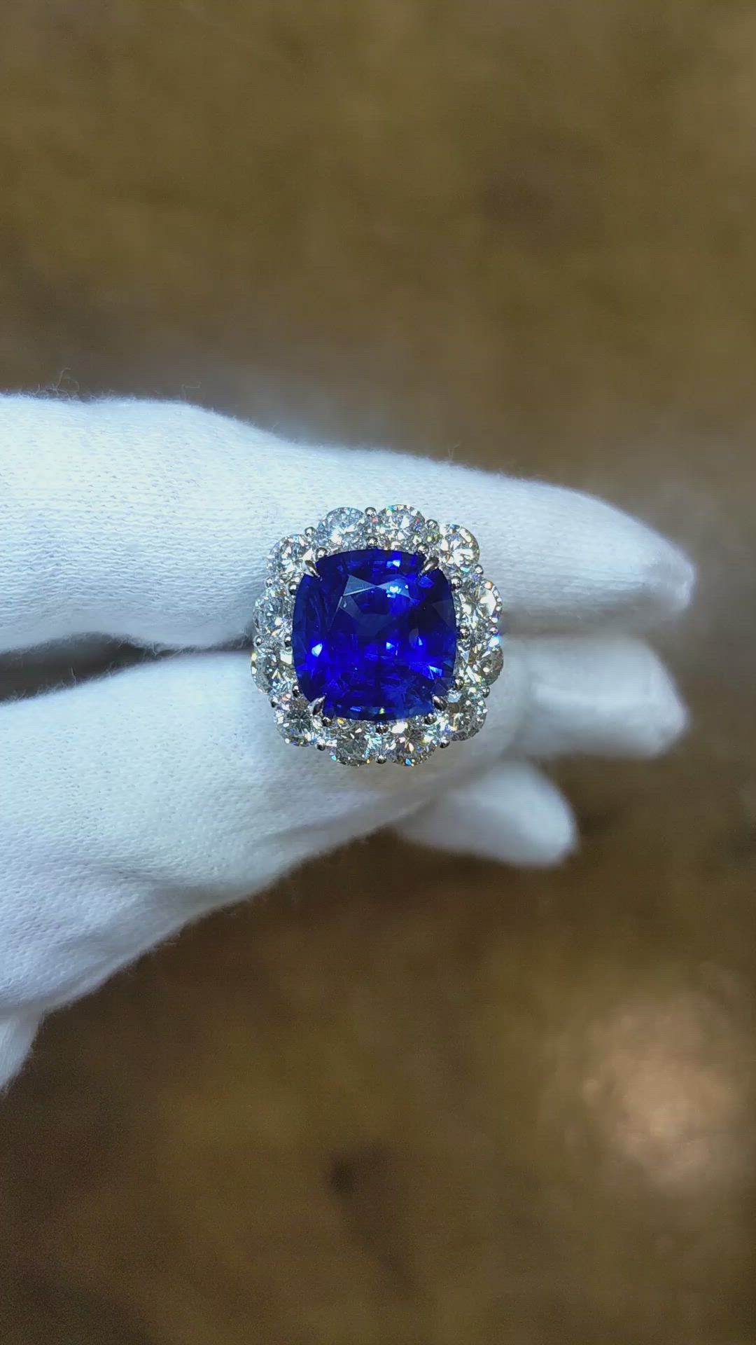 7.49 Ct. Blue Sapphire and Natural Diamond Halo Ring, Platinum 950 Size Video