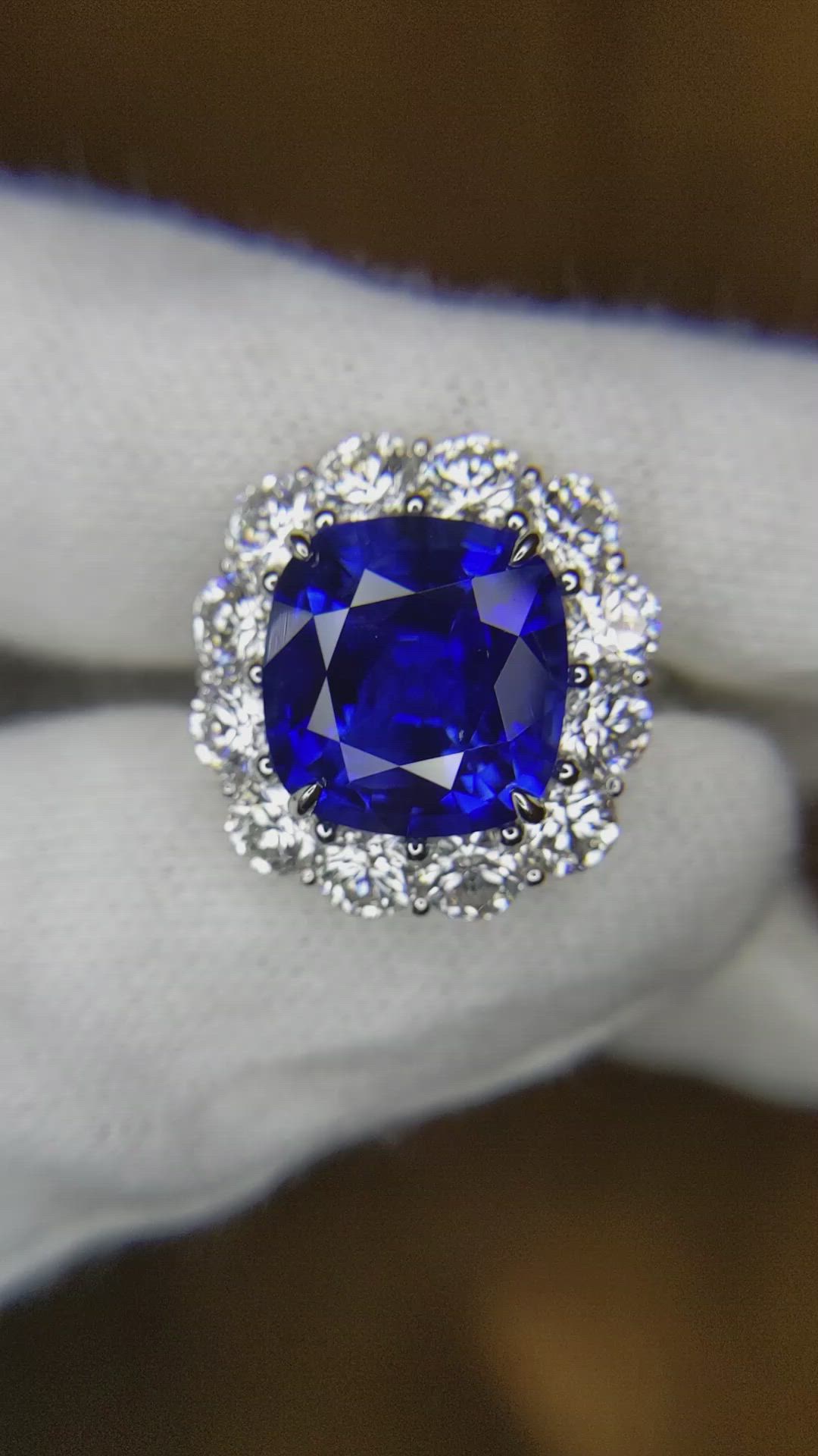 7.49 Ct. Blue Sapphire and Natural Diamond Halo Ring, Platinum 950 Size Video