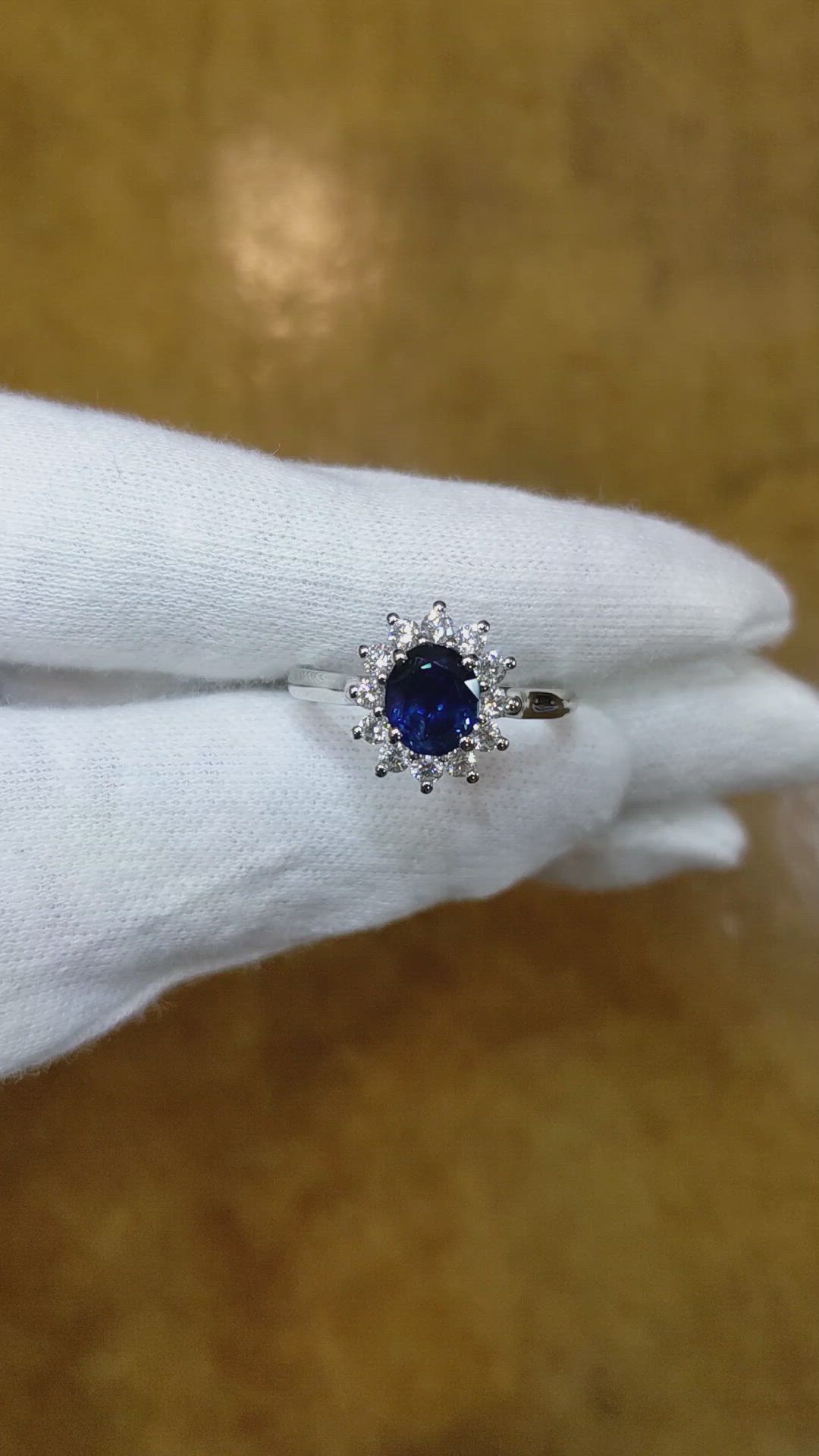 1.30 Ct. Blue Sapphire and Natural Diamond Halo Ring, Platinum 950 Size Video
