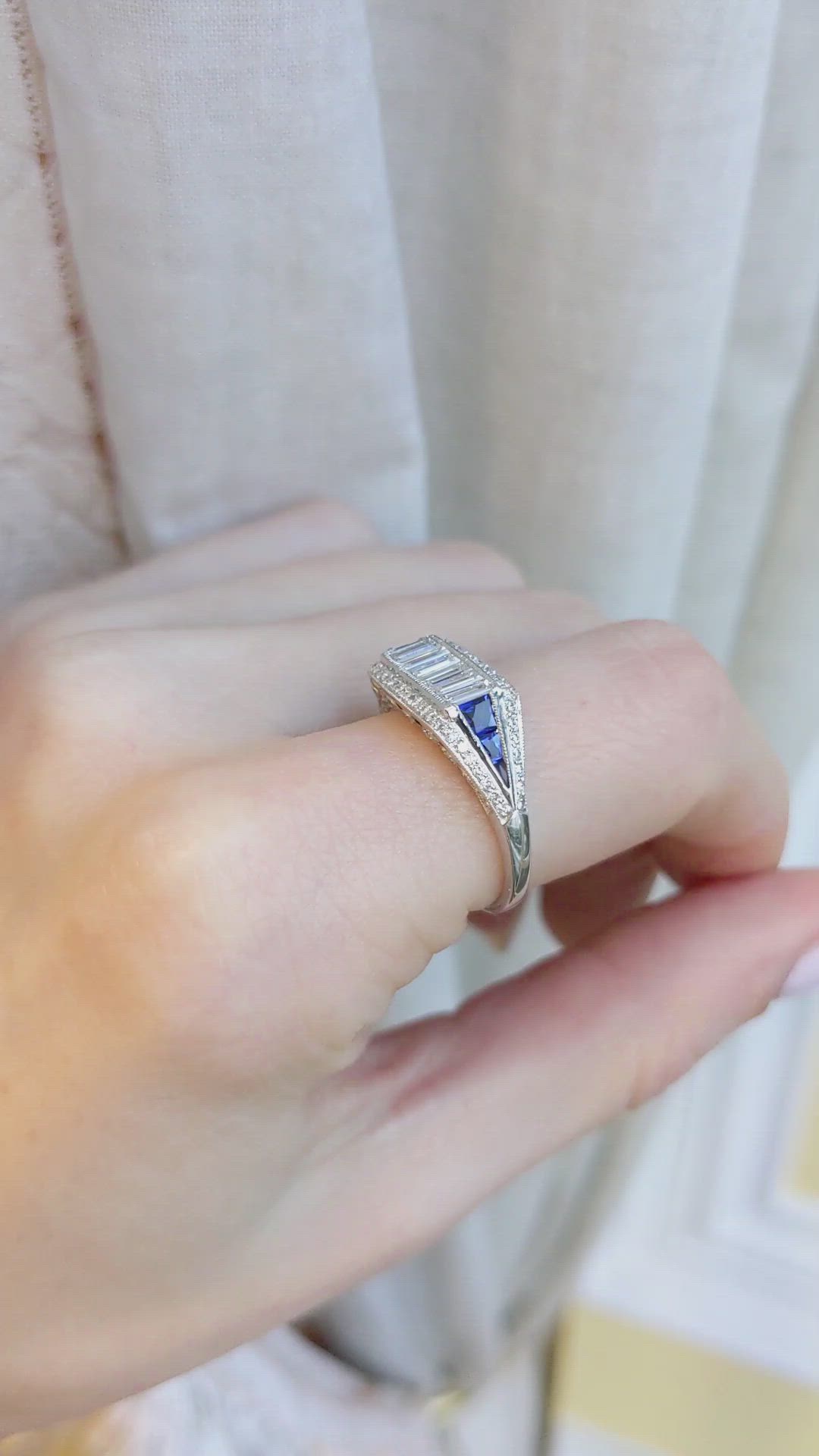 0.38 Ct. Blue Sapphire and Natural Diamond Antique Style Ring, Platinum 950 Size Video
