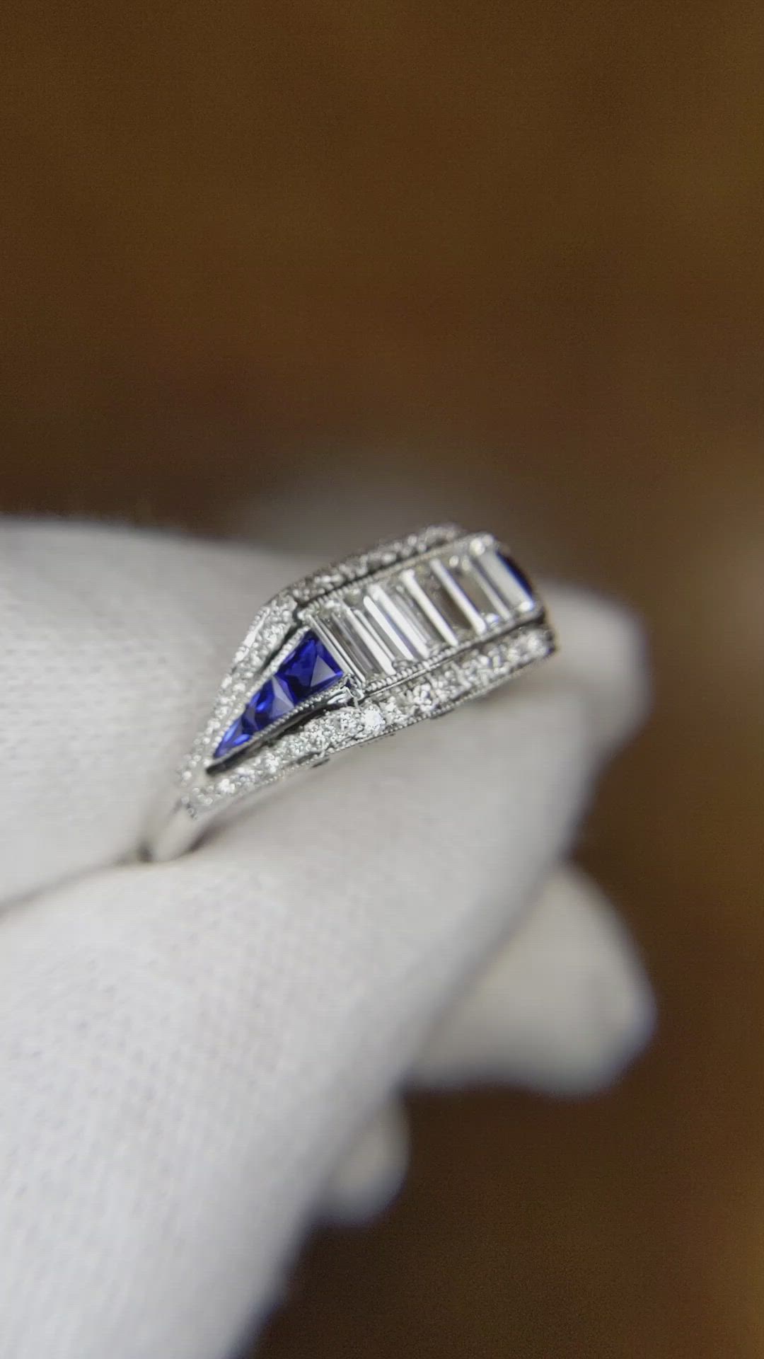 0.38 Ct. Blue Sapphire and Natural Diamond Antique Style Ring, Platinum 950 Size Video