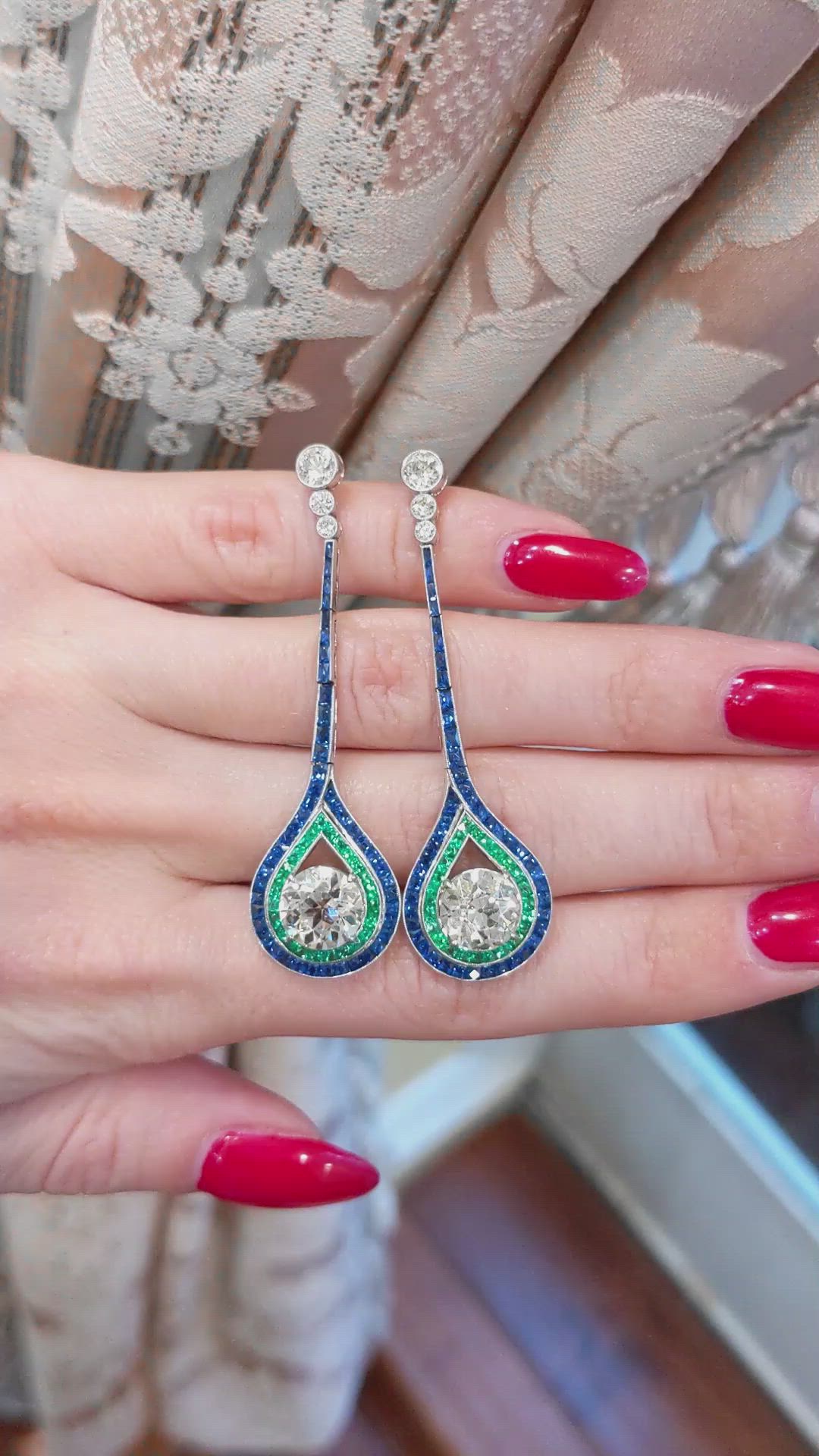 4.38&nbsp;Ct.Tw.Total Carat Weight Natural Diamond, Blue Sapphire and Emerald Accent Stones Earrings, Platinum 950 Size Video