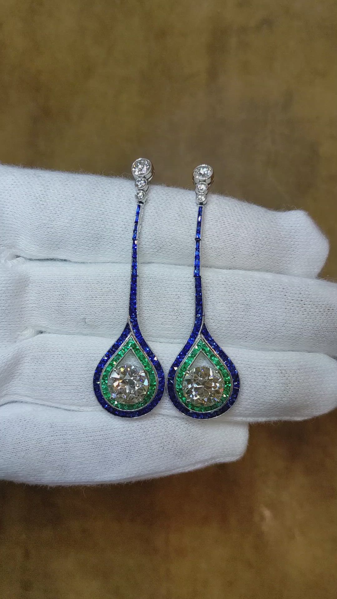 4.38&nbsp;Ct.Tw.Total Carat Weight Natural Diamond, Blue Sapphire and Emerald Accent Stones Earrings, Platinum 950 Size Video