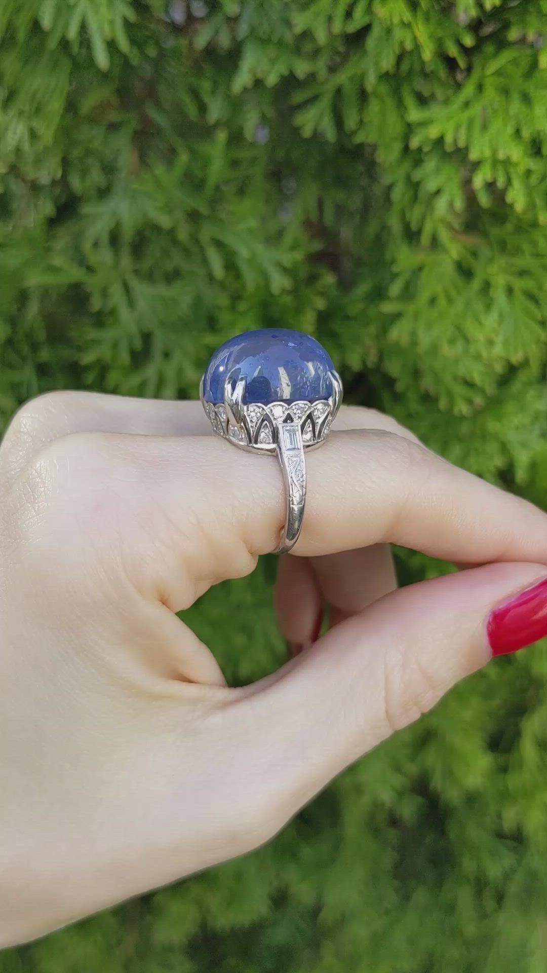 31.48 Ct. Blue Sapphire and Natural Diamond Antique Style Ring, Platinum 950 Size Video