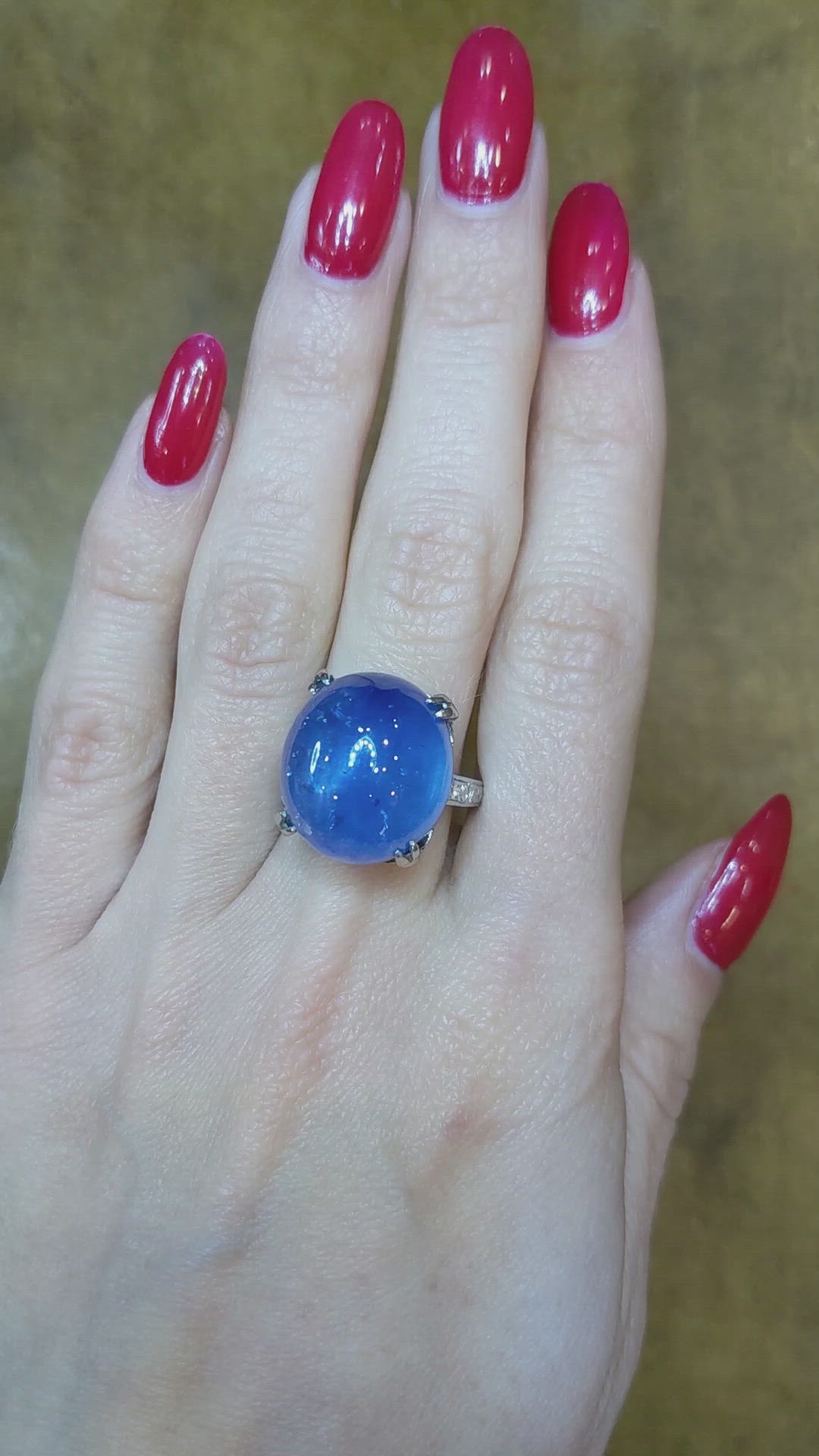 31.48 Ct. Blue Sapphire and Natural Diamond Antique Style Ring, Platinum 950 Size Video