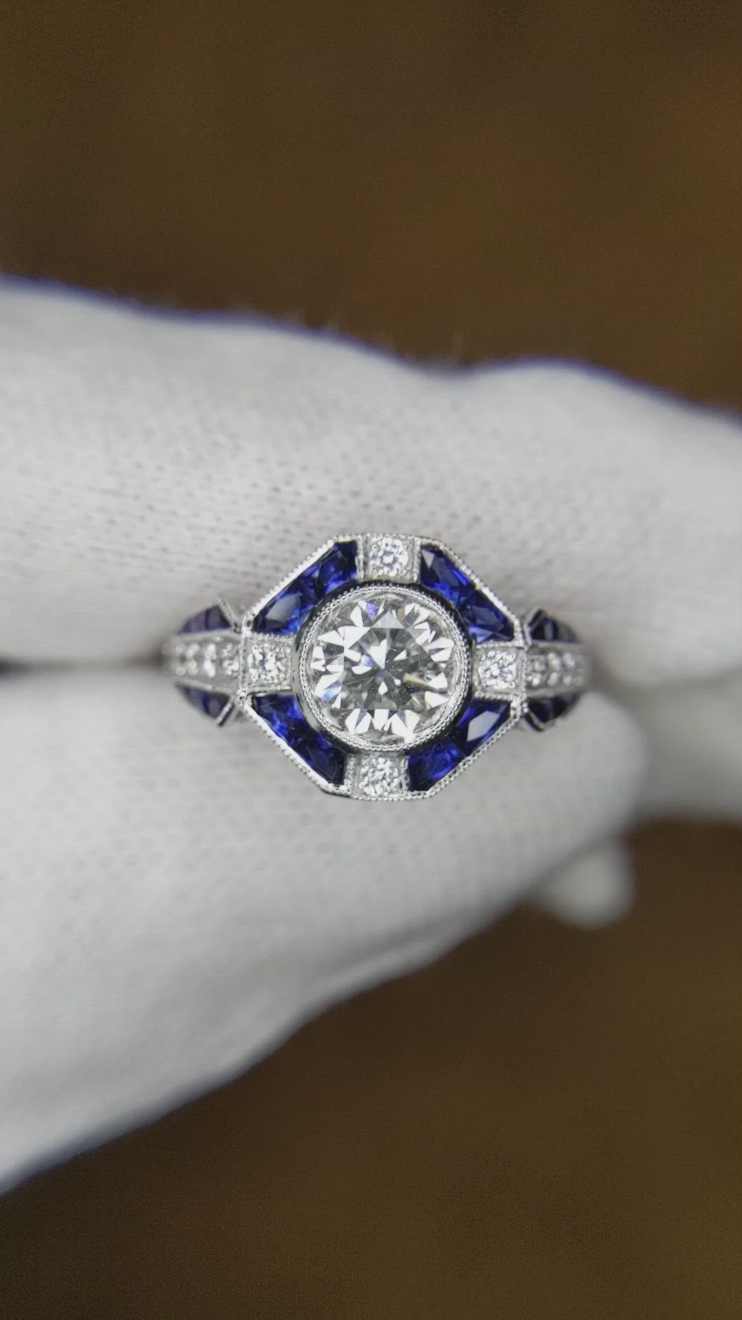 0.64 Ct. Blue Sapphire and Natural Diamond Antique Style Ring, Platinum 950 Size Video