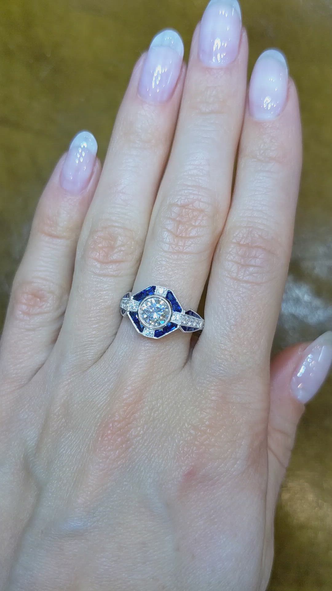 0.64 Ct. Blue Sapphire and Natural Diamond Antique Style Ring, Platinum 950 Size Video