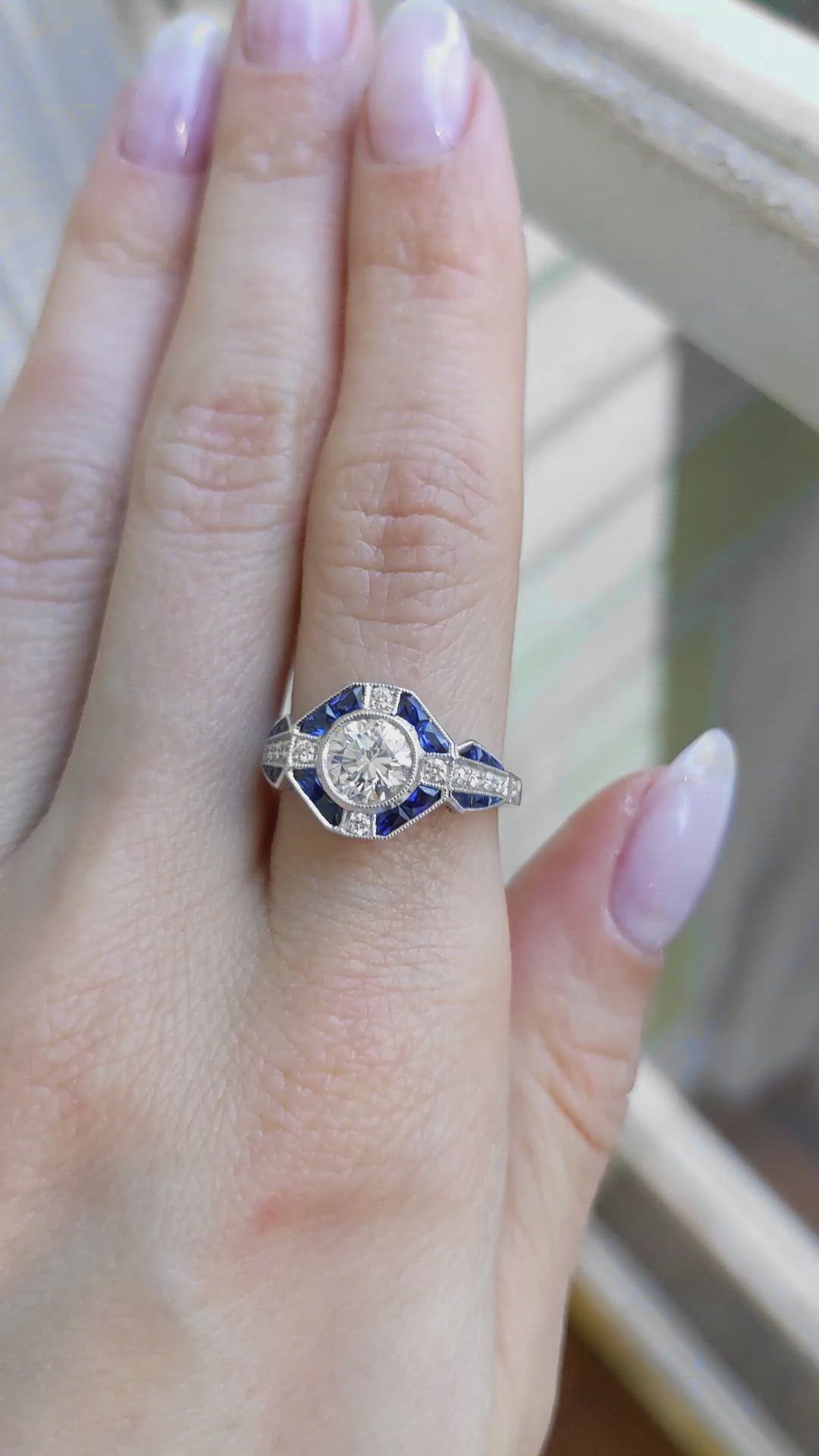 0.64 Ct. Blue Sapphire and Natural Diamond Antique Style Ring, Platinum 950 Size Video