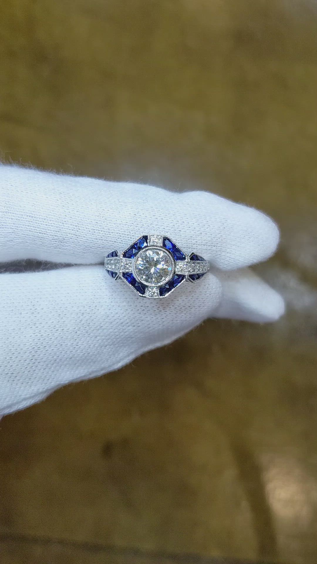 0.64 Ct. Blue Sapphire and Natural Diamond Antique Style Ring, Platinum 950 Size Video