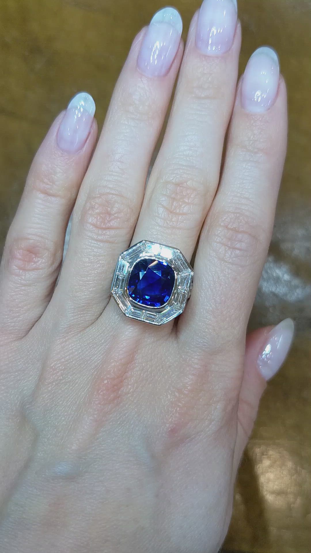 4.51 Ct. Blue Sapphire and Natural Diamond Halo Ring, Platinum 950 Size Video