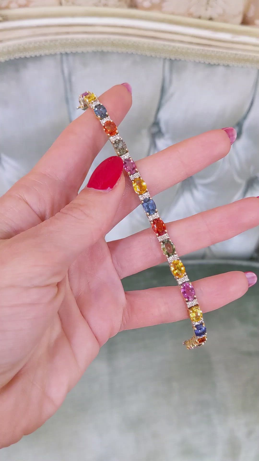 19.92 Ct.Tw. Multi Color Sapphire and Natural Diamond Tennis/Line Bracelet, 18K White & Yellow Size Video